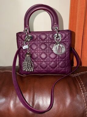 ‼️Authentic Christian Dior Lady Dior Cannage Medium Plum Leather Satchel Bag